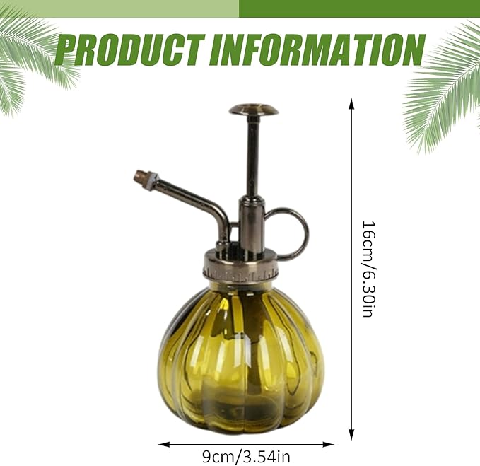 Vintage Green Pumpkin-Shaped 3x6 Glass Plant Mister, Fine Mist Spray Bottle with Handle for Indoor Plants, Succulents & Gardening