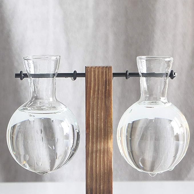 Glass Test Tube Holder in Wooden Stand, Hydroponic Vase, Indoor Desktop Plant Terrarium, Glass Flowerpot with Vintage Wood Frame Holder for Hydroponic Plant Family Garden Wedding Decoration(A3)