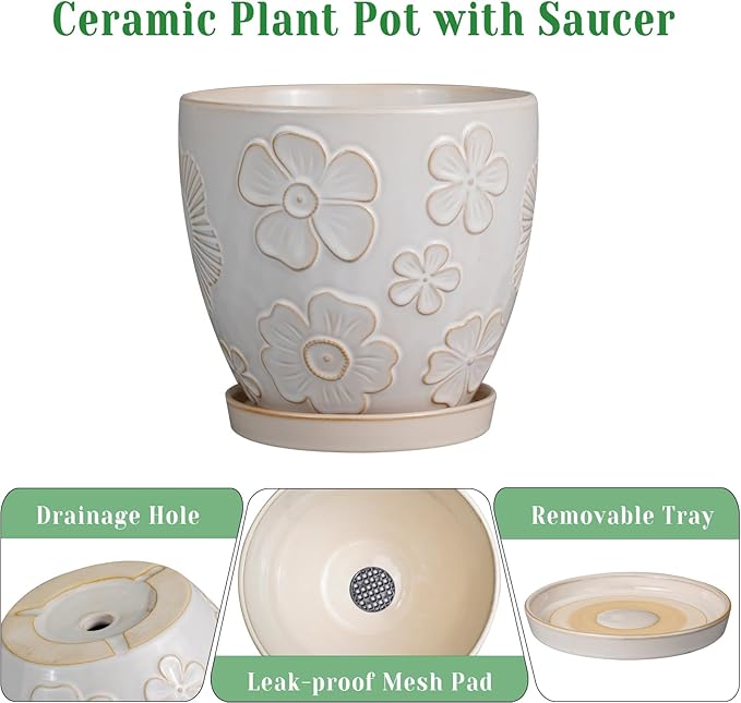 MPotTo Ceramic Planter 8 Inch Plant Pot with Drainage Hole and Saucer Ceramic Pots for Indoor Plants Outdoor Large Flower Pot for Home Decor White