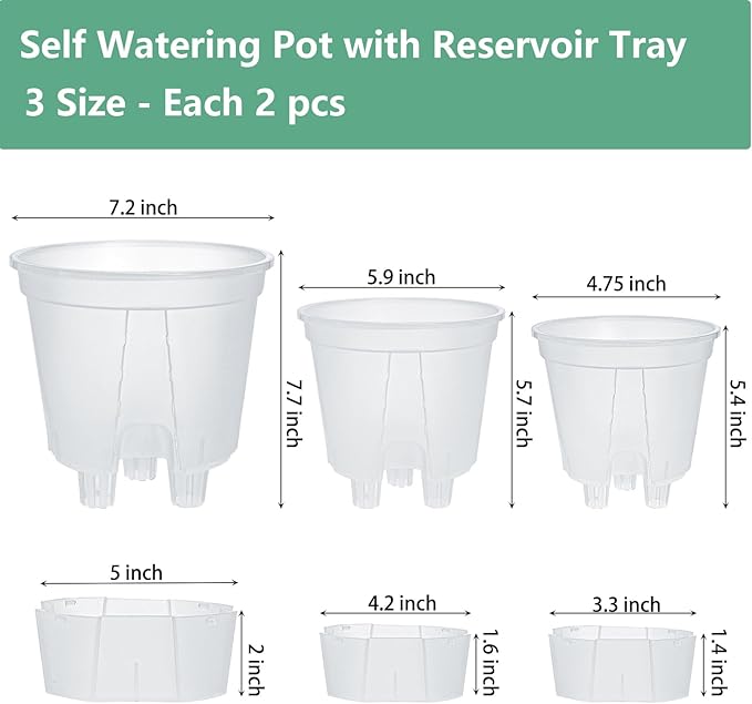 yarlung 6 Pack Self Watering Pots for Indoor Plants with Reservoir Tray and Holes, Clear Plastic Self Watering Planters for Outdoor Plants Flowers, Round 4.75" 6" 7"