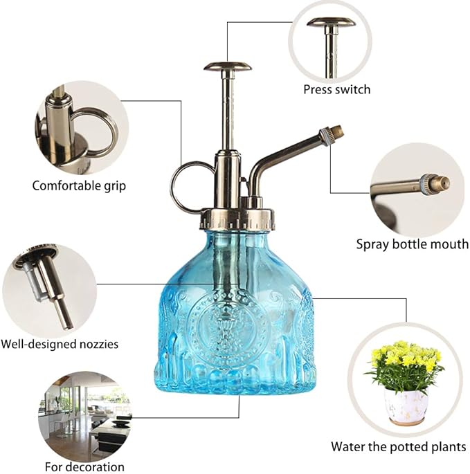 Plant Mister Glass Spray Bottle Small Plant Watering Can 6.4" Tall Retro Indoor Watering Can Bronze Plastic Top Pump for Garden Indoor Plant Sprayer (Blue)