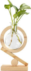 Glass Plant Propagation Station with Wooden Stand and Air Planter Bulb Vase, Planter Terrariums for Home Office Garden Boho Desk Decor (Natural Wood)