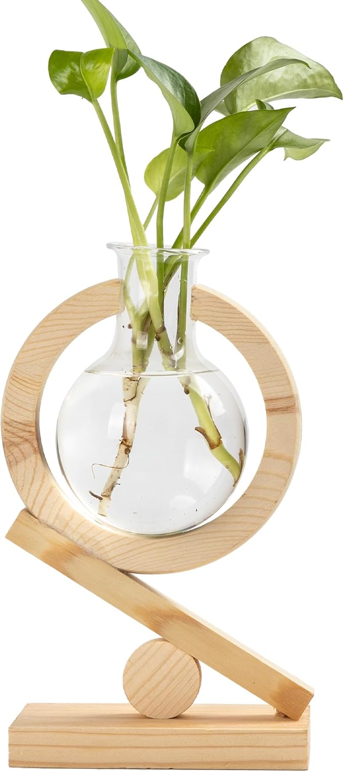 Glass Plant Propagation Station with Wooden Stand and Air Planter Bulb Vase, Planter Terrariums for Home Office Garden Boho Desk Decor (Natural Wood)