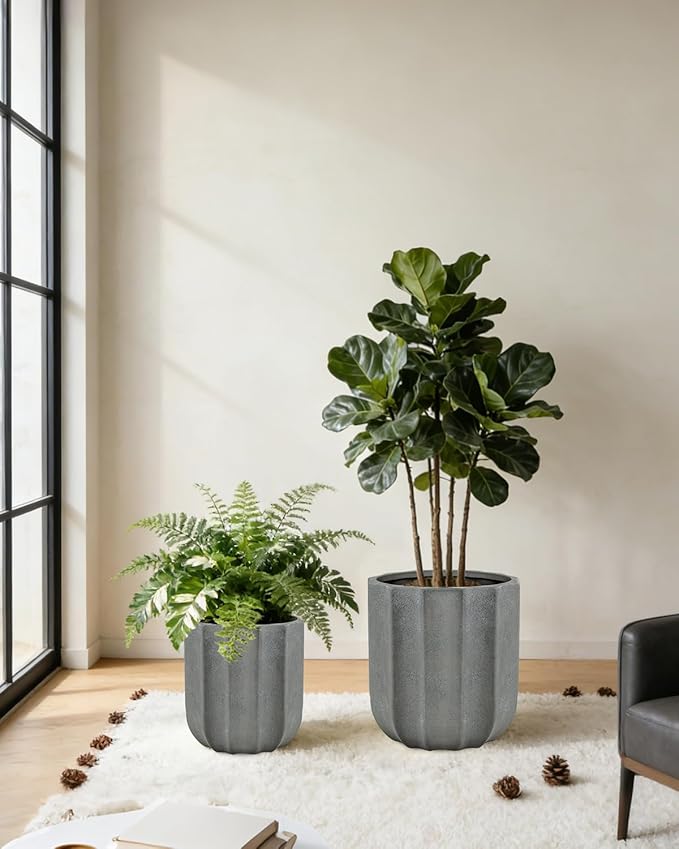 10 Inch Plant Pot – Ceramic Planter with Drainage Hole & Removable Drain Plug, Decorative Flower Pot for Indoor Outdoor Plants, Modern Round Large Planter, Grey