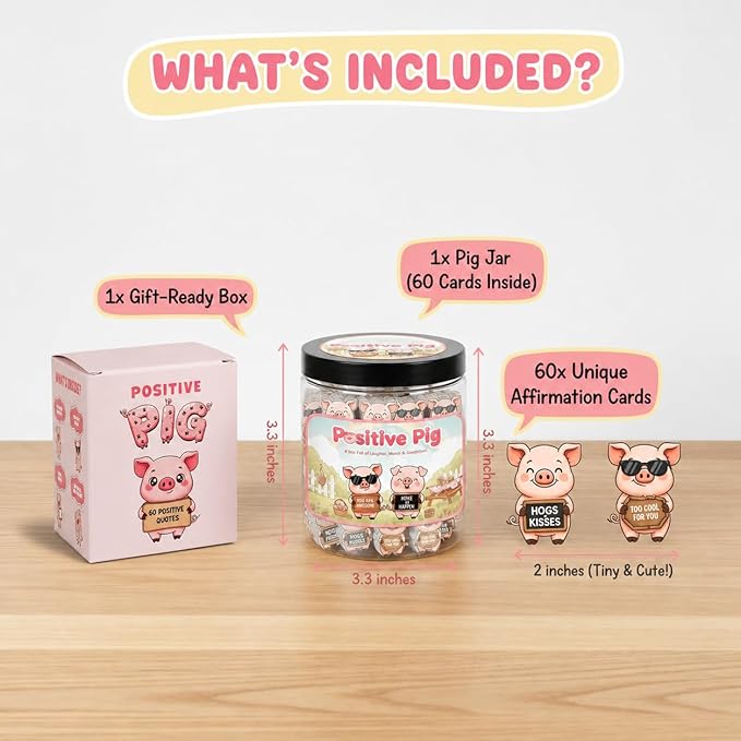 Positive Pig Jar With 60 Daily Affirmation Cards, Gifts For Sister, Daughter Birthday Gift, Pig Present For Pig Lovers Women Girls Men Teens Kids, Christmas Pig Decorations For Home, The Pink Stuff