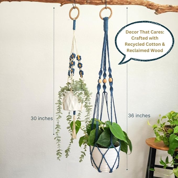 Set of 2 Macrame plant hanger with Daisies & Beads | Hanging plant holder Macrame Plant hangers outdoor and indoor hanging planters Plant stand indoor Boho Decor hanging planter stand (Peacock Blue)