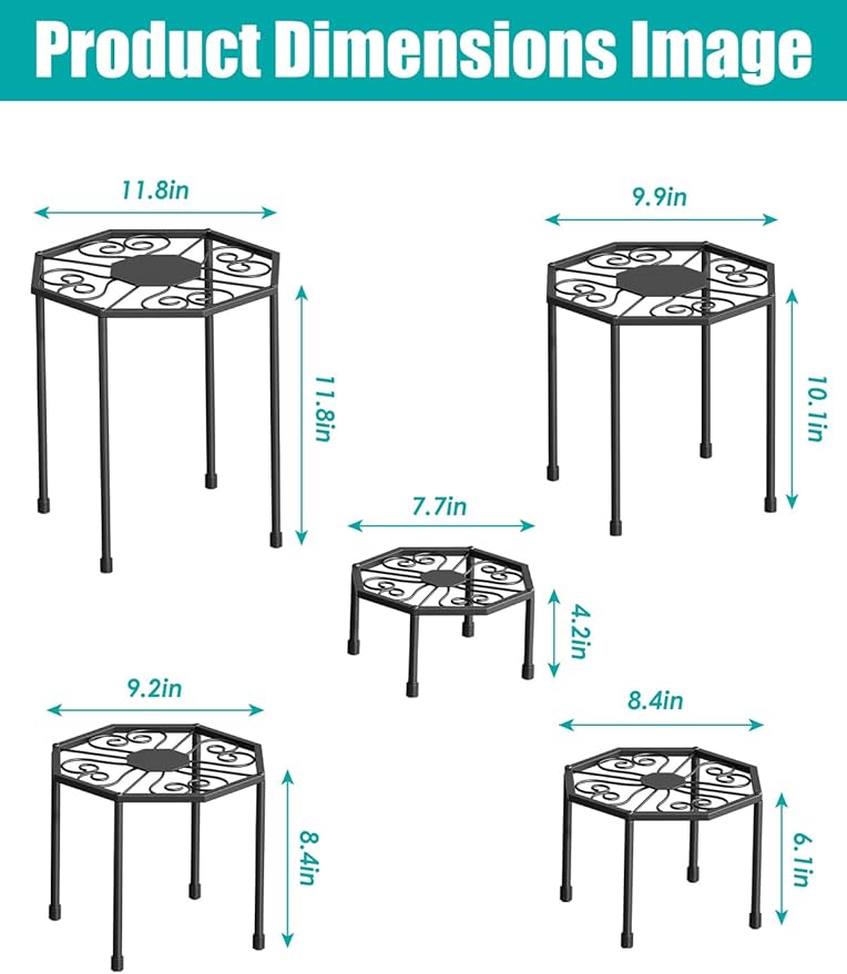 5-Pack Metal Plant Stands for Outdoor Indoor, Anti-Rust Iron Flower Pot Stand, Heavy Duty Plant Pot Shelf for Multiple Plant, Decoration Racks for Home, Patio & Garden (Black)