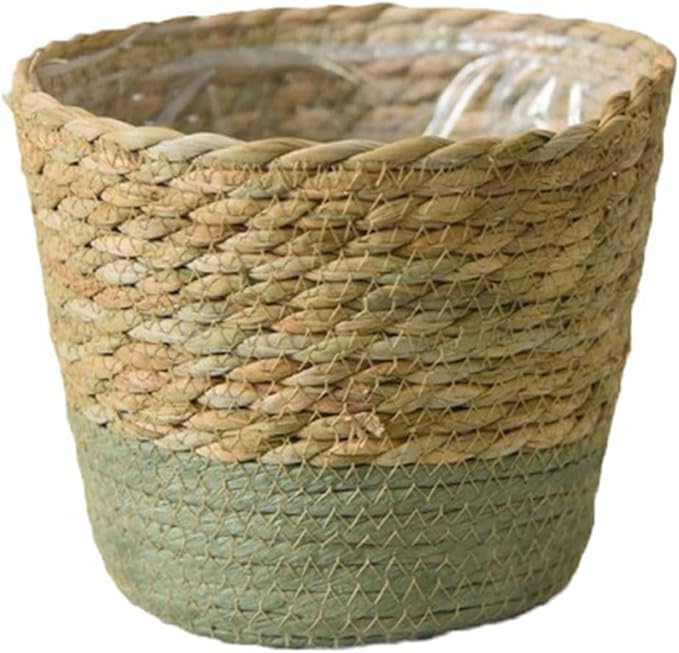 Seagrass Planter Basket Small Size Wicker Storage Basket with Plastic Liner Hand Woven Rattan Flower Pot Rustic Boho Plants Container for Home Farmhouse Indoor Outdoor (Small)