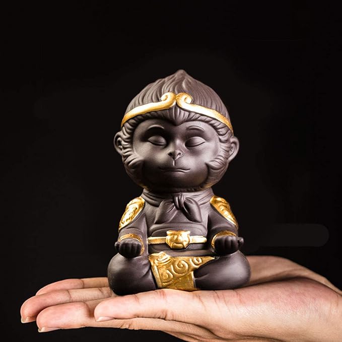 Aquarium Fish Tank Decoration, Ceramic Desktop Ape-Meditation Sculpture Decor Zen Bonsai Ornament Carving - Calming Emotions Training