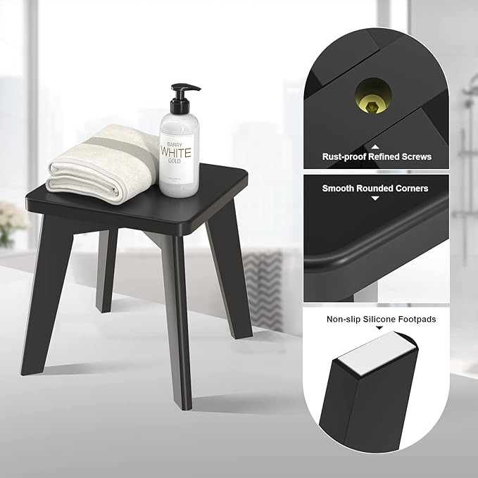 Small Step Stool for Kids, Black Wooden Foot Rest for Shaving Legs, 10" High Non Slip Short Stool for Bathroom, Bedroom, Kitchen