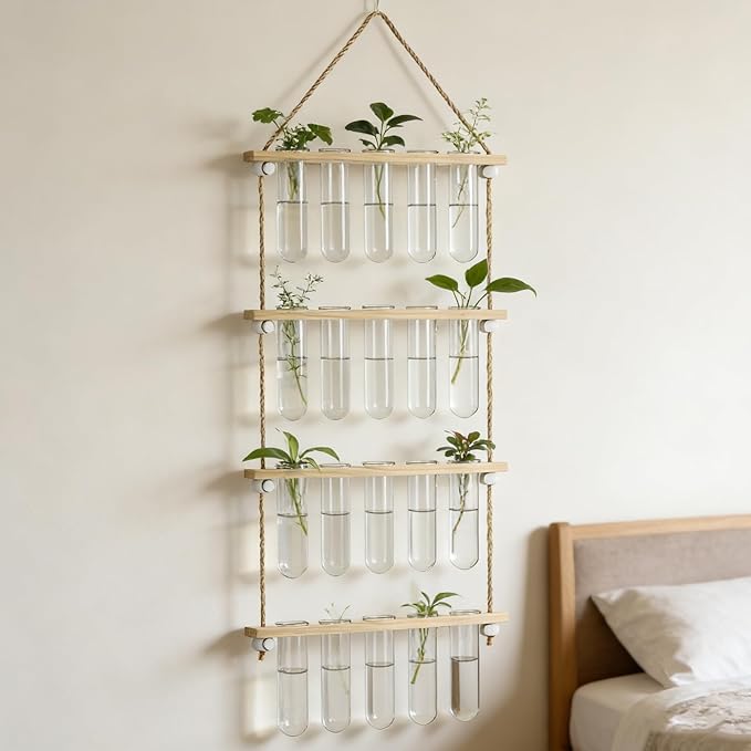 20Tubes Hanging Plant Propagation Station, 4-Tier Wall Mounted Wooden Plant Stand with 3cm Large Shatterproof Plastic Tubes for Pothos Plant Cuttings, Indoor Window Decor & Gifts for Plant Lovers