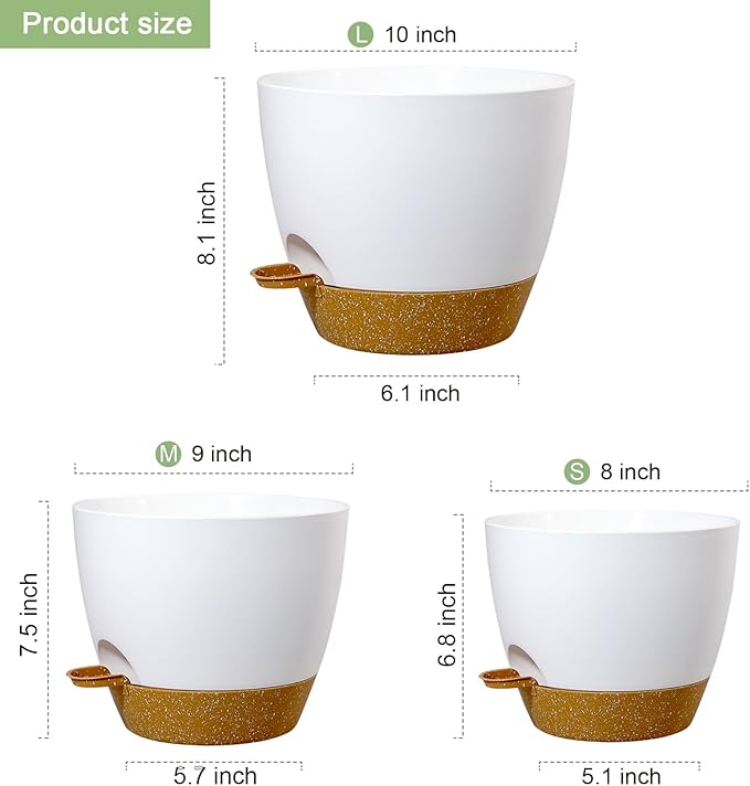 WSMKSZ 10/9/8 inch Medium Self Watering Pots, Planter, Plant Pots with Mesh Drainage Holes for Indoor Outdoor Garden Plants, Plastic Flower Pots with Removable Deep Reservoir, White with Brown