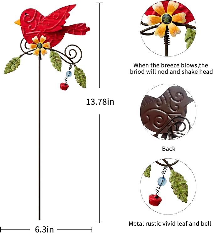 4 Pack Decorative Garden Stakes - 14.2" Metal Flowers for Outside & Metal Yard Art Outdoor and Garden, Rust-Resistant Shaking-Head Bird Lawn Ornaments for Patio - Gift for Gardeners