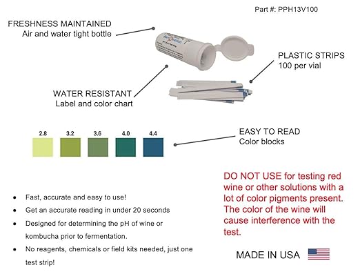 pH Test Strips for White Wine Making, Homebrew, Acidity, 2.8 to 4.4 pH [Vial of 100 Plastic Strips]