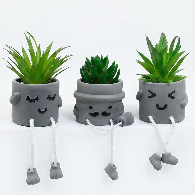 Small Fake Plants Faux Succulents in Grey Pots with Hanging Leg Potted Mini Fake Plants for Office Desk Decor Cute Artificial Succulent Plants for Home Office Desk Decor and Gift Choice - Set of 3