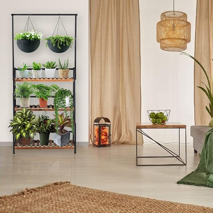 ULIKE Plant Stand Outdoor Indoor Hanging Plant Shelf for Multiple Plants 3 Tier Tall Plant Stand Wood Rack with Metal Frame for Patio Garden Balcony