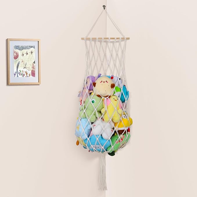 Stuffed Animal Storage Net, 68 Inch Jumbo Macrame Vertical Stuffed Animals Hammock Corner, Wall Ceiling Hanging Stuffy Hammock Plushie Holder Display for Kid Boy Girl Gift Boho Nursery Decor (Cream)
