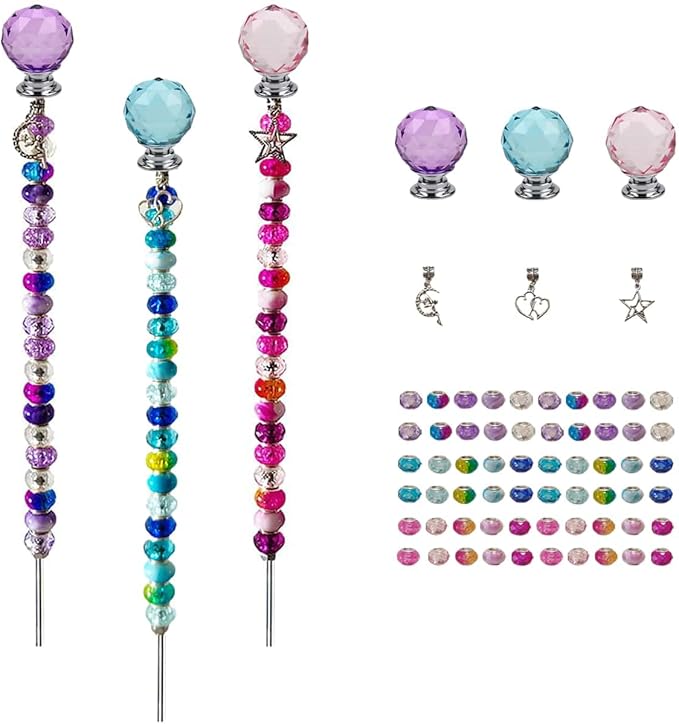 72Pcs Beaded Garden Stakes Kit - DIY Fairy Wand Garden Stake Beads Kit, Fairy Garden Accessories Outdoor for Different Festivals, Beadable Items Ball-(Purple+Lake Blue+Pink)