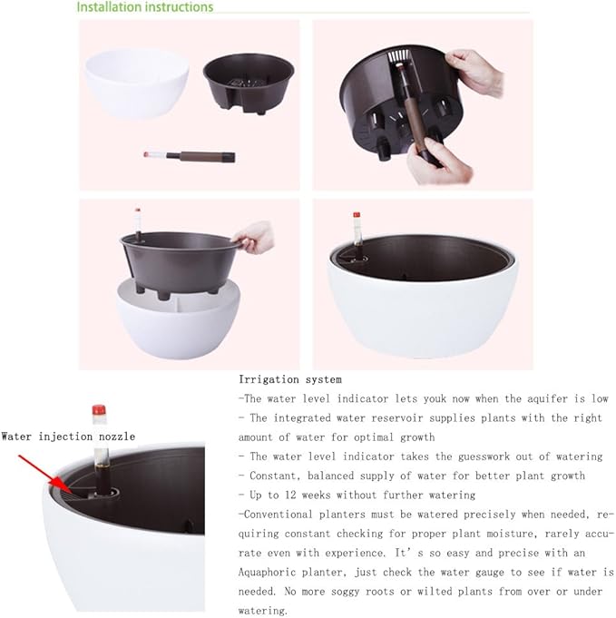 Vencer 11 Inch Plastic Round Self Watering Planter,Water Indicator,Modern Decorative Planter Pot for All House Plants Flowers, Herbs, Vegetables, Tropical,White,VF-048