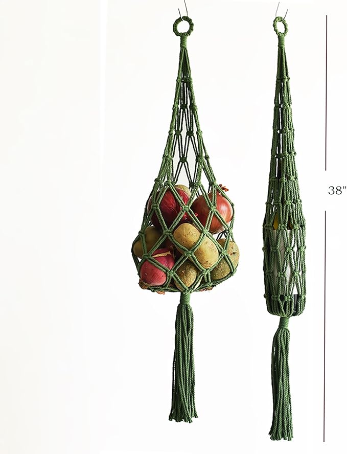 Macrame Hanging Produce Bag, Cotton Net Storage Holder with Tassel, Kitchen Fruit Vegetable Organizer (green)