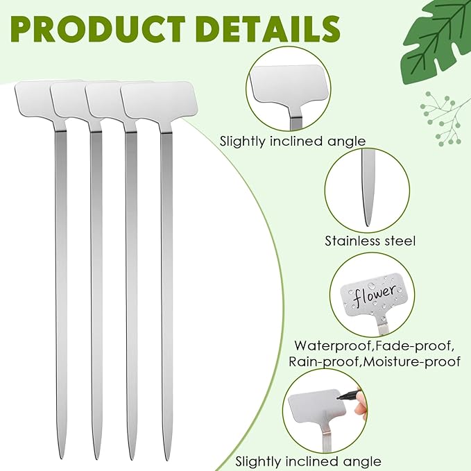 30 Pcs Stainless Steel Plant Labels, Metal Waterproof Plant Markers, Height 12.6 in, Label Area 2.5 x 1.26 in T-Type Reusable Nursery Tags for Vegetable Herb Flower Seed with 2 Pens