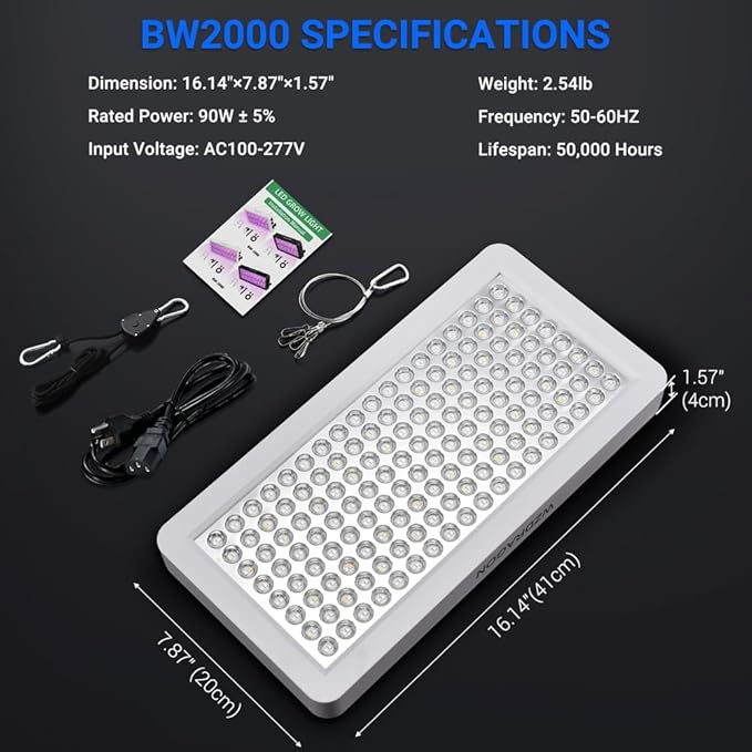 Upgraded BW2000 LED Grow Lights Double Chips Full Spectrum with 10ft Cable for Greenhouse and Indoor Plant Veg and Flower Growing [White]
