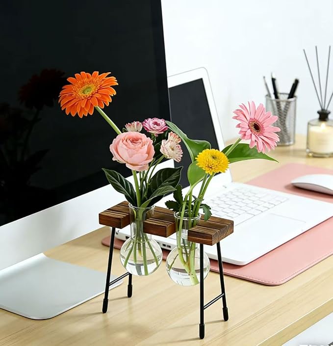 Hydroponic Plant Stand with Glass Vase, Modern Industrial Wooden Base Metal Frame, Visible Root Growth, Nordic Minimalist Desktop Planter for Home Office, Great Gift for Plant Lovers