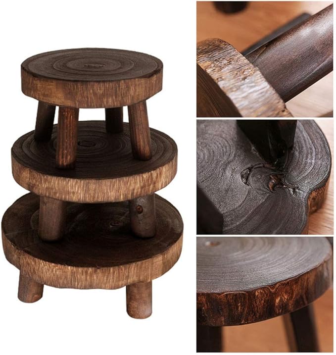 UNIE Mini Wooden Stool Round Garden Flower Display Stand Decorative Short Stool for Indoor Outdoor Office Dining Room, Brown, Small, (200716LY03-1-6767-1046476311)