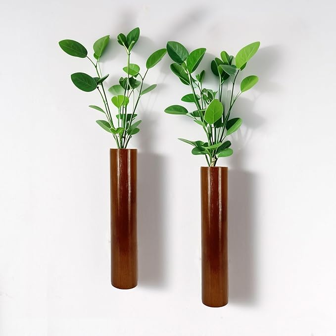 AIM & GGKK Wood Wall Vase for Flowers Set of 2, Wall Mounted Wooden Planters Holder for Indoor Plants, Bedroom Living Room Bathroom Kitchen Modern Decor