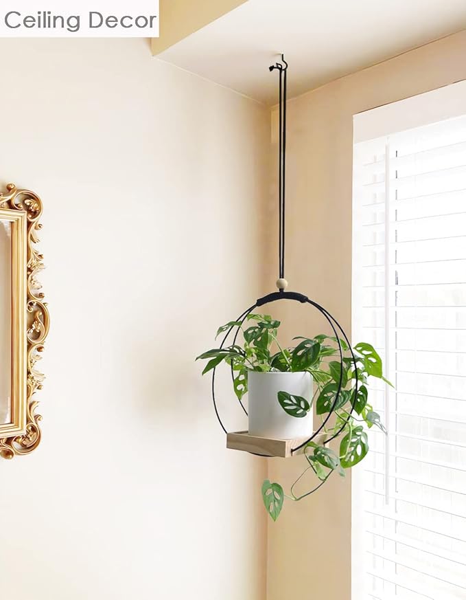 Plant Hanger with Wood Base - Boho Macrame Hanging Plant Holder for Indoor Plants Hanging Planter for Wall /Window/Room Decor Black (Pot & Plant Not Included)