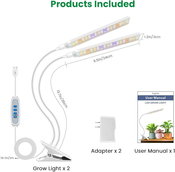 Aumtrly Grow Light Clip on 2 Pack, 228 LED Grow Lights for Indoor Plants Full Spectrum, 2 Head White Arm Grow Lamp with Gooseneck, 6/12/16H Timer, 5 Dimming, 3 Light Mode
