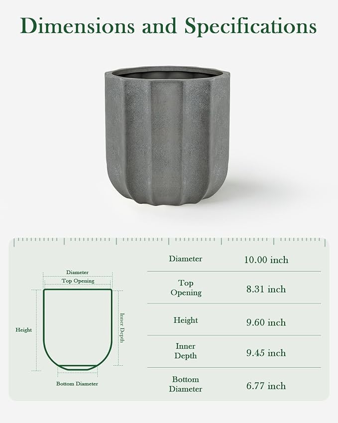 10 Inch Plant Pot – Ceramic Planter with Drainage Hole & Removable Drain Plug, Decorative Flower Pot for Indoor Outdoor Plants, Modern Round Large Planter, Grey