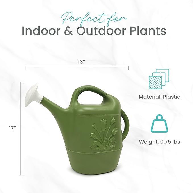 Union Products 63068 2 Gallon Plastic Indoor/Outdoor Watering Can w/ Tulip Design for Garden, Potted Plants, & Patio Pots, Sage Green