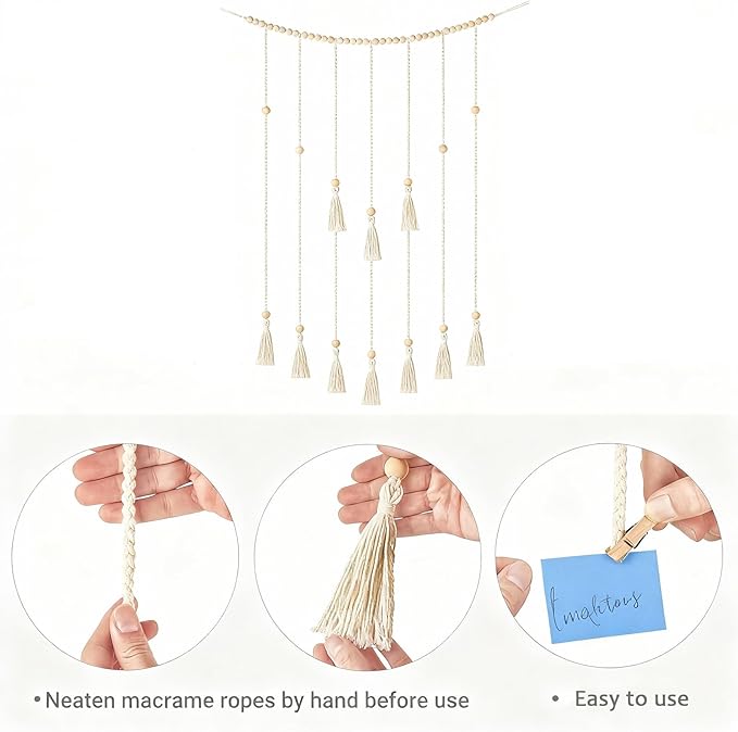 Macrame Hanging Photo Display Wall Decor，Picture Holder with 30 Clips for Bedroom Wall，Picture Christmas Card Holder with String Lights， Room Decor for Teen Girls， Christmas Card Display ,Presents for Teens
