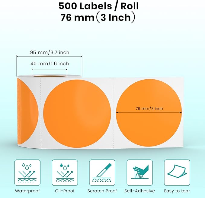 Orange Circle Thermal Labels Vinyl 3 Inch Self-Adhesive Round Stickers Roll Waterproof Printer Decals Name Tag for QR Code DIY Office Address 500 PCS