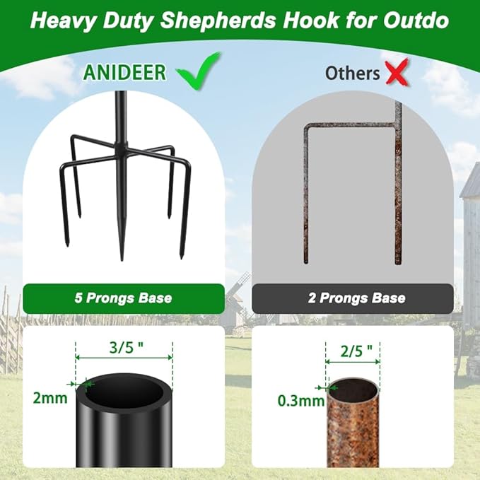 ANIDEER 48" Shepherds Hooks for Outdoor, Heavy Duty Garden Bird Feeder Pole for Hanging Bird Feeder, Plant Baskets, Solar Light Lanterns, Outdoor Plant Hanger Hook with 5 Base Prongs,1 Packs