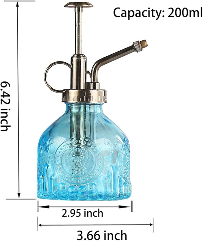 Plant Mister Glass Spray Bottle Small Plant Watering Can 6.4" Tall Retro Indoor Watering Can Bronze Plastic Top Pump for Garden Indoor Plant Sprayer (Blue)
