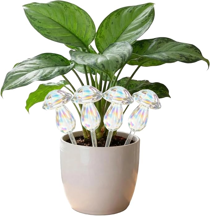 4pcs Plant Watering Globes Self Watering Planter Insert Devices,Glass Watering Bulbs Mushroom Pattern Watering Globes for Indoor Plants Top-Fill Watering Rainbow Colors (Mushroom)