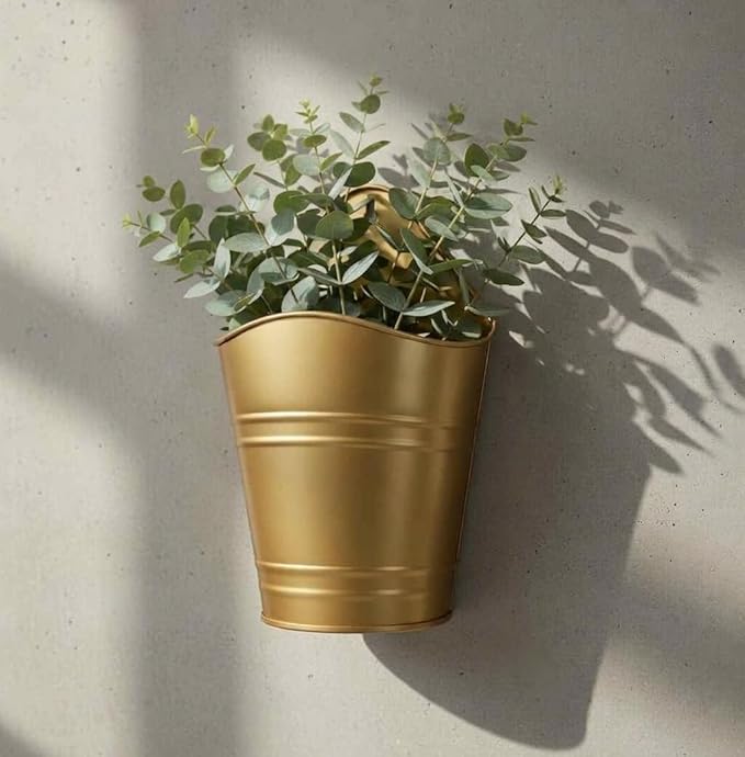 Hosley Set of 2 Gold Wall Planter with PVC Linner 6.25" L x 4" W x 10" H, Ideal Gift for Floral Arrangements Wedding Home Office Party DIY Indoor Outdoor Garden Patio