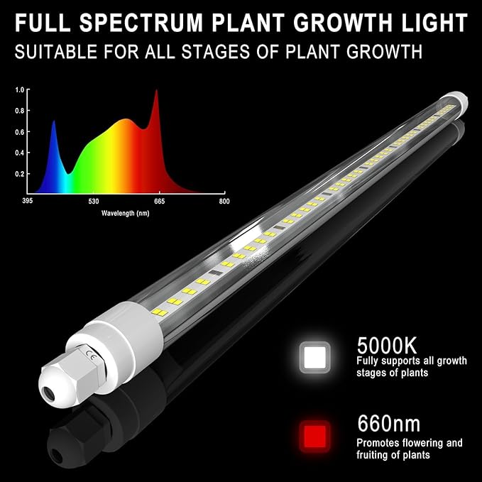 CusomkT8 T5 LED Grow Light Strips 2f 60W(6x10W, 500W Equvalen) Ful Spectrum, IP65 Waterproof Indoor Outdoor Plant Grow Lights for Greenhouse Shelves Wired Timing Switch, Plug Play 6-Pack