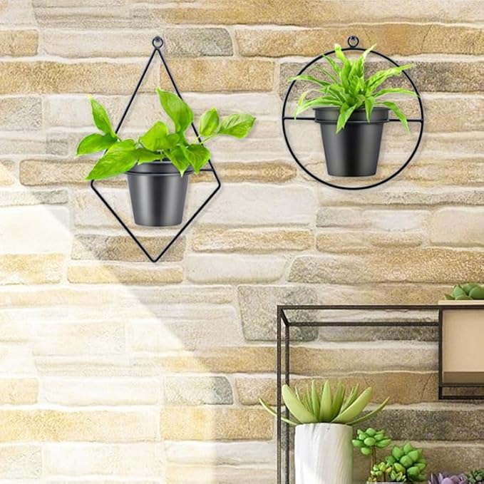 Geometric Wall Planters for Indoor Plants – Set of 2 Black Metal Wall Mounted Plant Holder (Round & Diamond Shapes) with 5 Inch Flower Pots, Modern haning planters for Indoor Outdoor Decor