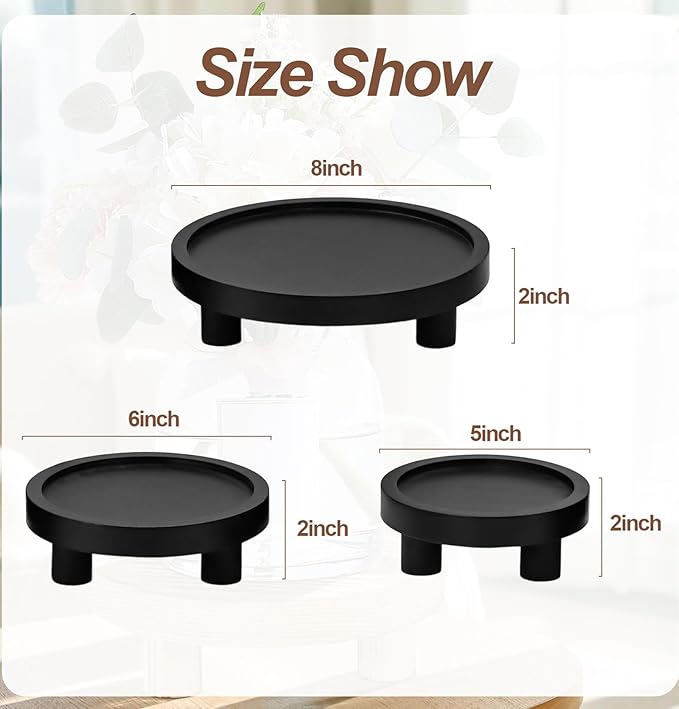 3 Pcs Wooden Risers for Display, Round Wood Riser Plant Stand 5/6/8" Pedestal Stand, Flower Pot Holder Small Planter Tray for Kitchen Home Décor (Black)
