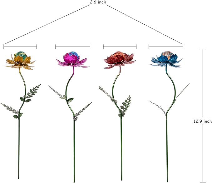 Viveta 4 Pack Flower Garden Stakes Decor, 12.9 inch Metal Flowers Outdoor Decor Waterproof Metal Flower Sticks for Patio, Lawn, Yard Decorations