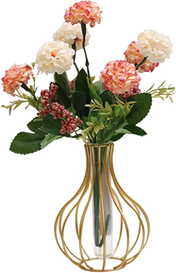 Table Flower Vases,Gold Geometric Metal Frame Clear Glass Tube Bud Vase Hydroponic Plants,Bulb-Shaped Design,Gold Vase Decorative for Fridge,Window,Home,Party(gold 10)