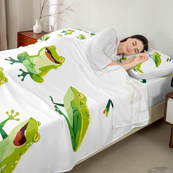 Kids Bed Sheet Set Full Cute Frog Print Bed Sheets for Boys Girls Bedroom Super Soft and Cozy Cute Cartoon Animal Pattern Sheets Set Lightweight Green Frogs Nature Theme Bed Set with 2 Pillowcase