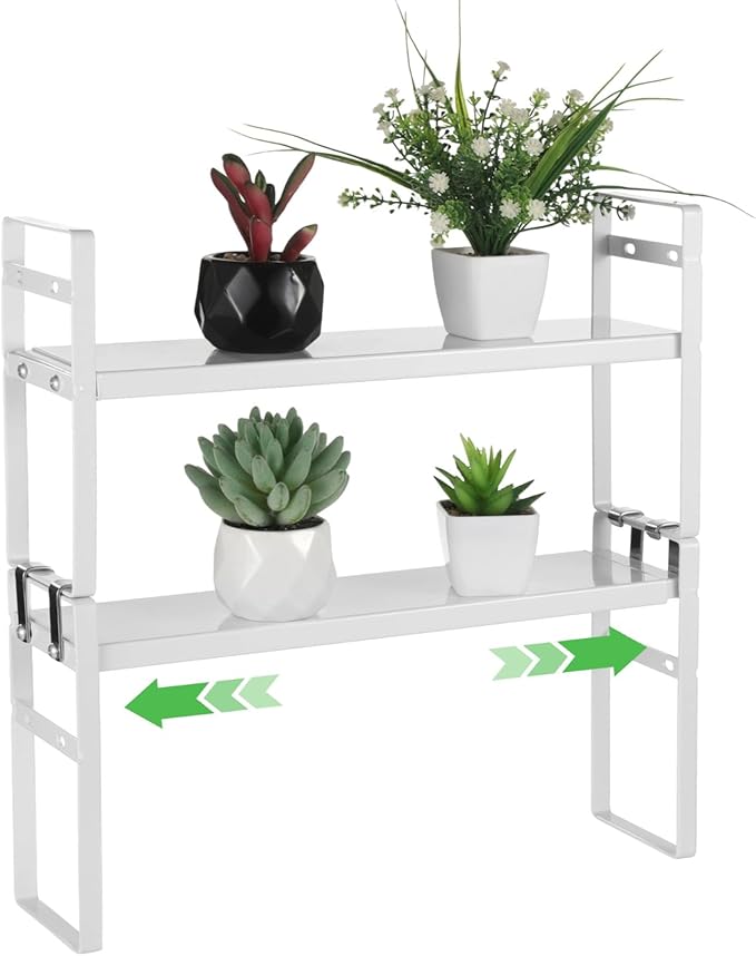Expandable Window Shelf for Plants, 2-tier Adjustable Metal Storage Rack, Slim Kitchen Sink Organizer, Narrow Countertop Storage Holder, Rust Resistant White Finish