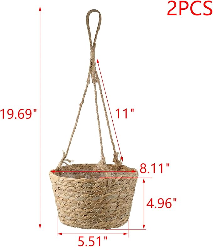 MY MIRONEY 2PCS Hanging Planter Basket Natural Seagrass Woven Plant Pot Hanger Hanging Plant Holder with Twine for Home Decor, Indoor & Outdoor Use, 8.11" x 4.96", Khaki