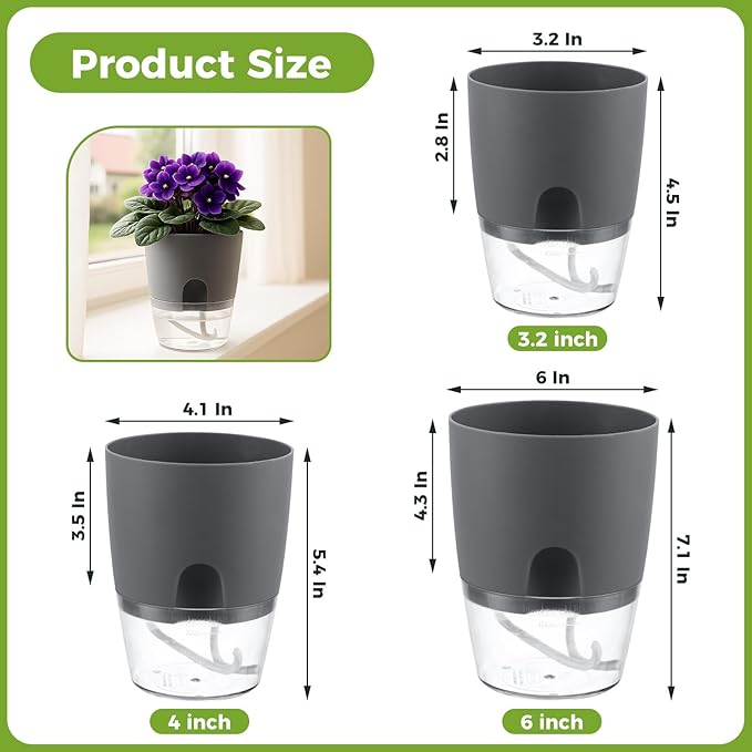 3 Pack Self Watering Pots for Indoor Plants, PlanterHoma 6 Inch Plant Pot Plastic Self Watering Planter for Orchid, African Violet, Small Clear Flower Pots with Drainage Holes and Wicking Rope, Grey