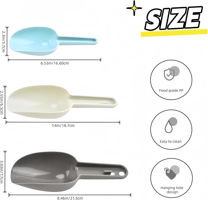 3 Piece Colored Plastic Ice Scoop Set,Thickened PP Utility Ice Scoop(Gray Large/Beige Medium/Blue Small) For Freezer,Ice Maker,Ice Cube, Ice Bucket, Coffee Beans,Ice Cream, Popcorn,Dishwasher Safe