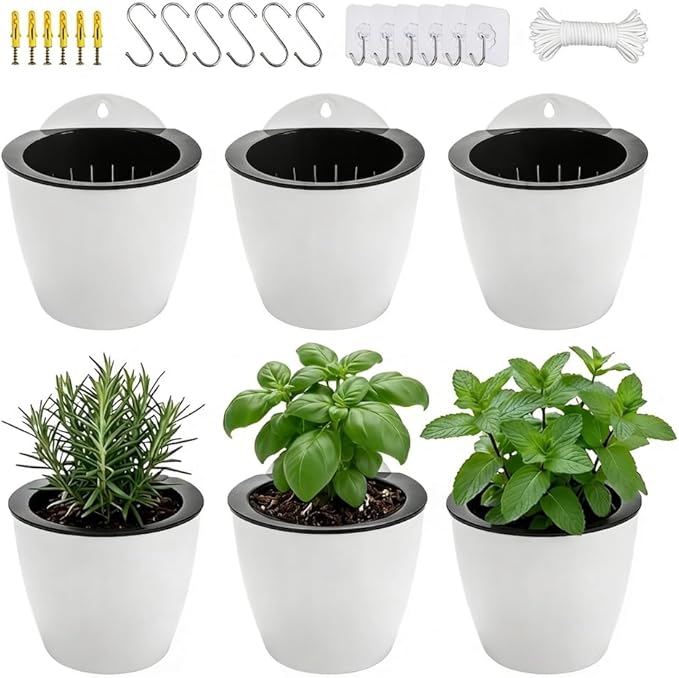 6 Pack White Hanging Planter Pots Self Watering Vertical Garden Wall Mount Window Hang Round Plastic Container Indoor Outdoor for Plants Flowers Succulent Kitchen Living Herbs Holder Decor(Large)